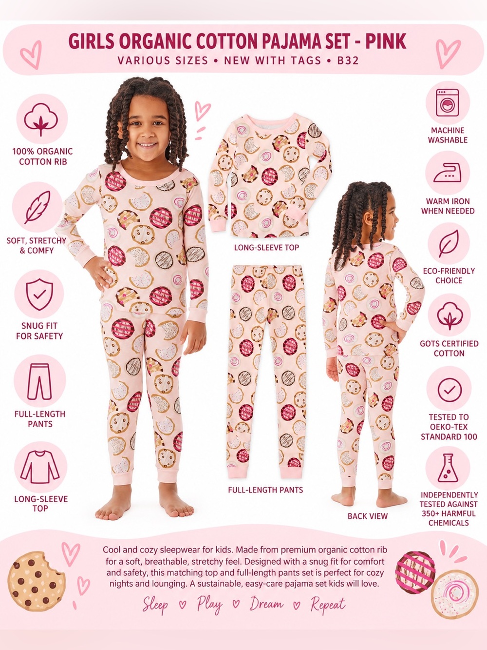 OEKO TEK ORGANIC COTTON PAJAMA SET – PINK VARIOUS SIZES (NEW WITH TAGS) B32